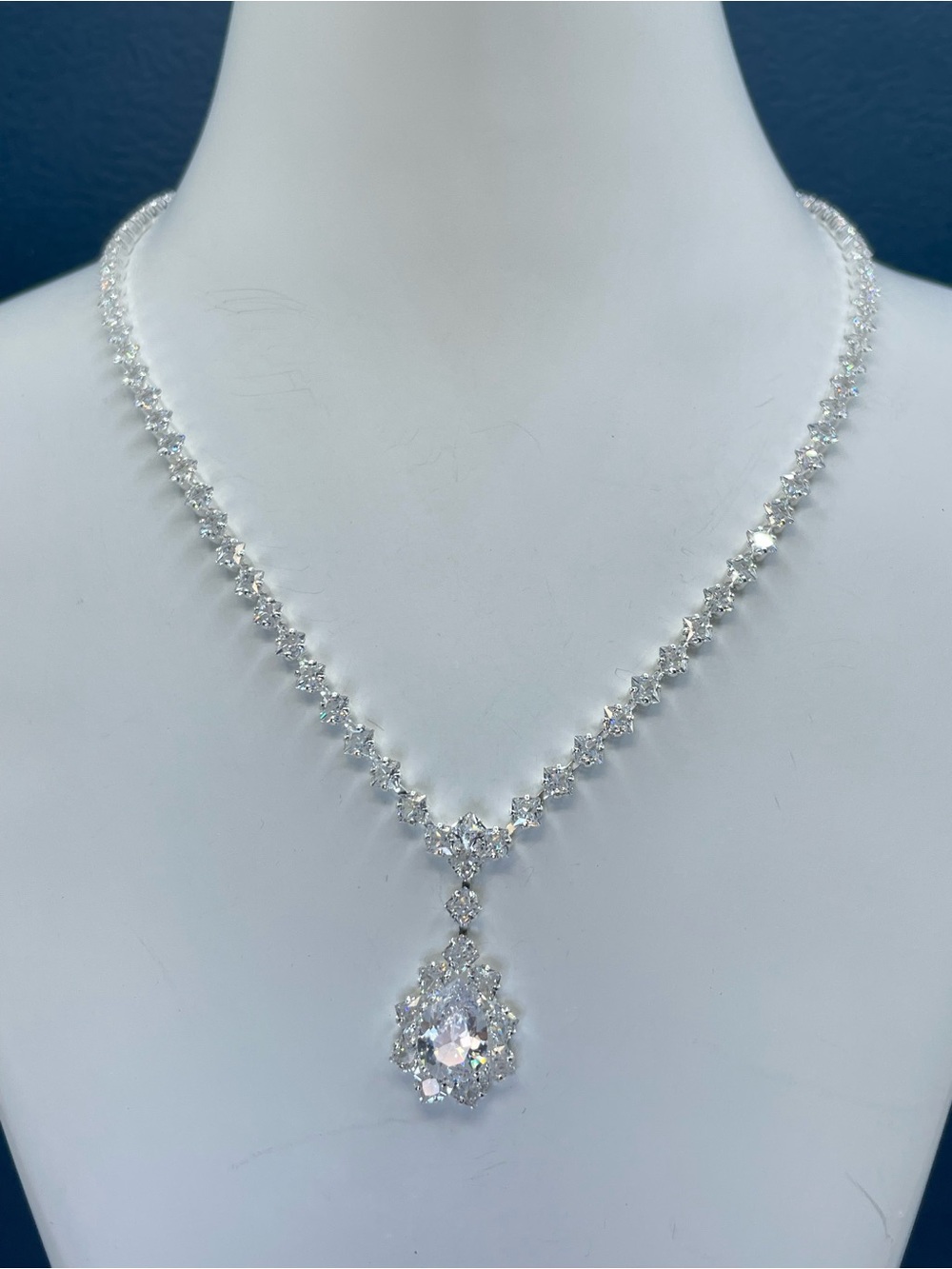 Swarovski Crystal Elements White Teardrop Halo Crystal Tennis Necklace Bridal